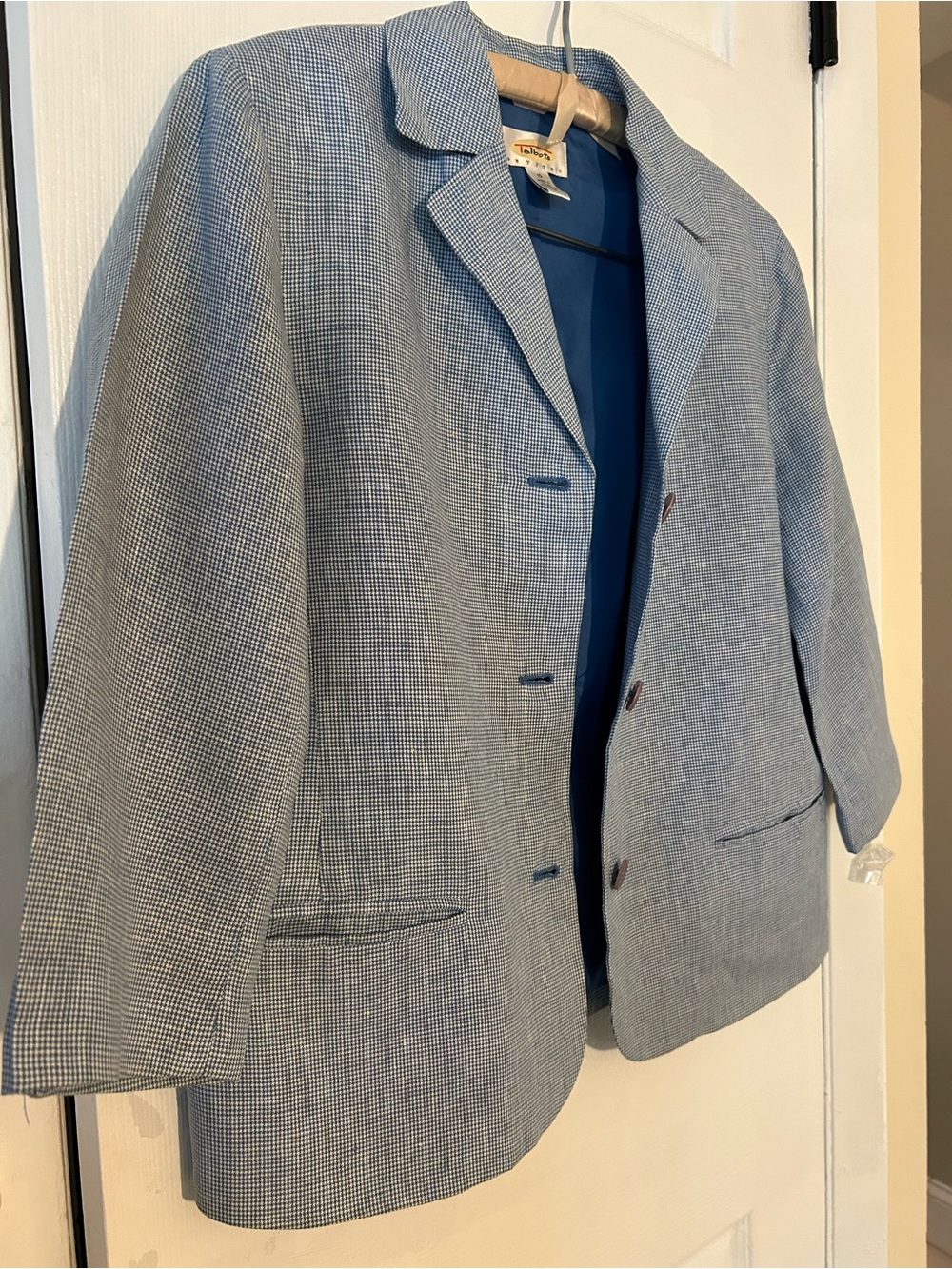 Talbots Women Petites Blue Houndstooth 100% Linen Blazer Women’s Size 10 - Picture 10 of 11